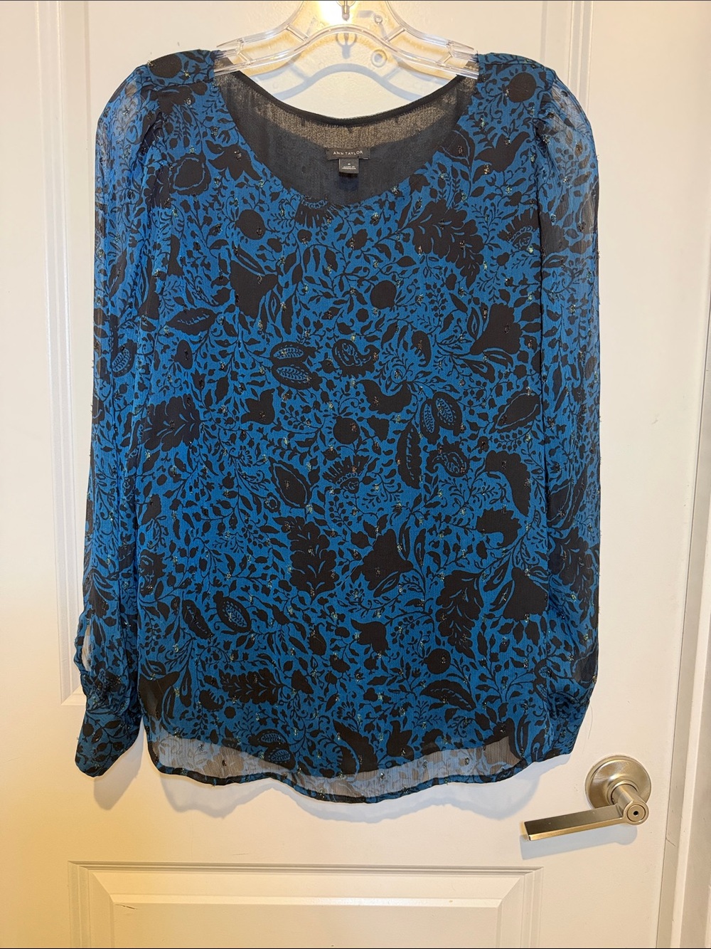 Ann Taylor Blue and Black Floral Sheer Blouse